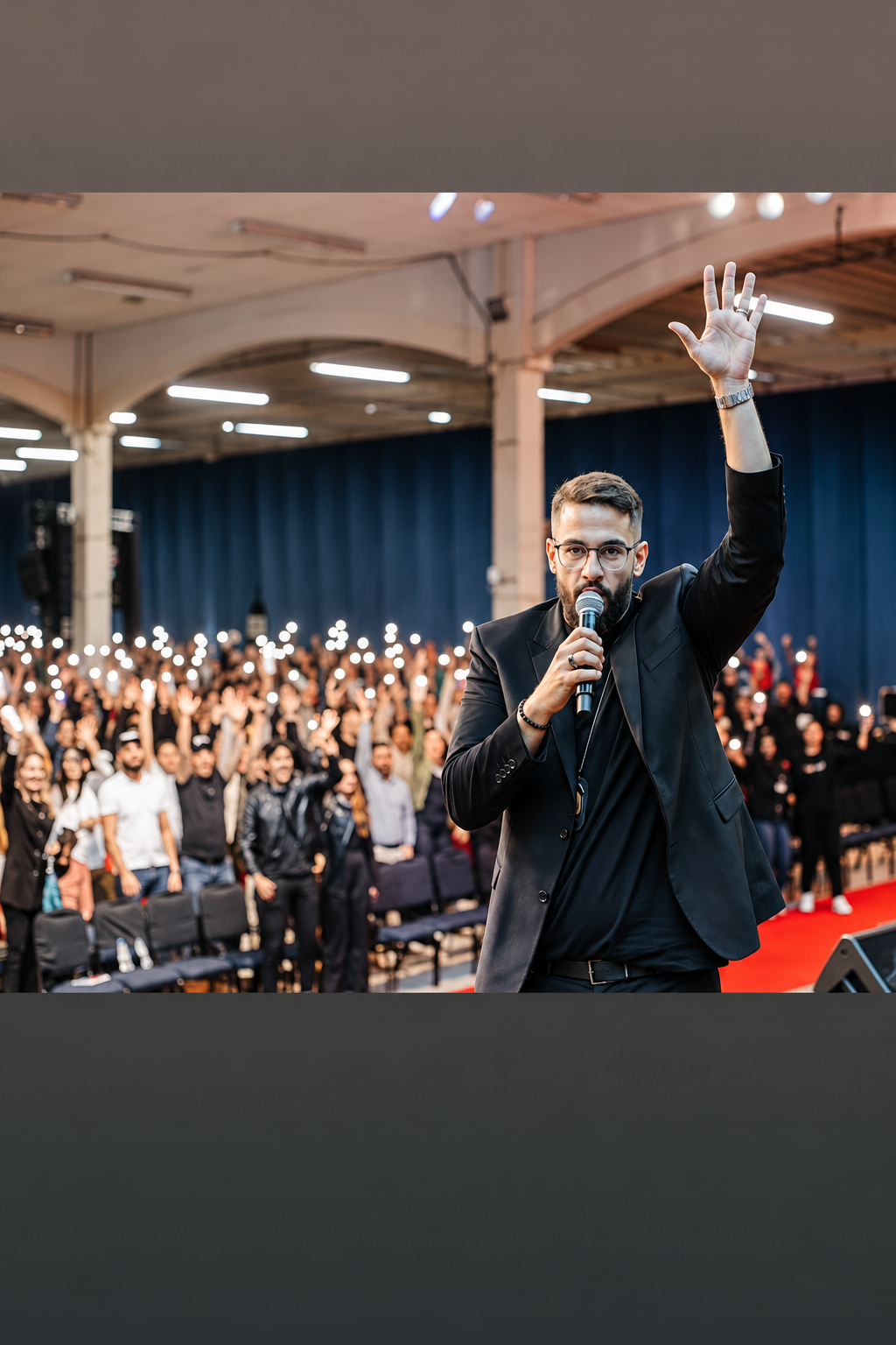 Régis Ricco no palco, falando para uma plateia em pé